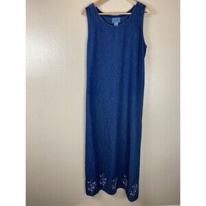 Jane Ashley L Embroidered Floral Denim Jean Dress Maxi Jumper Peasant Prairie